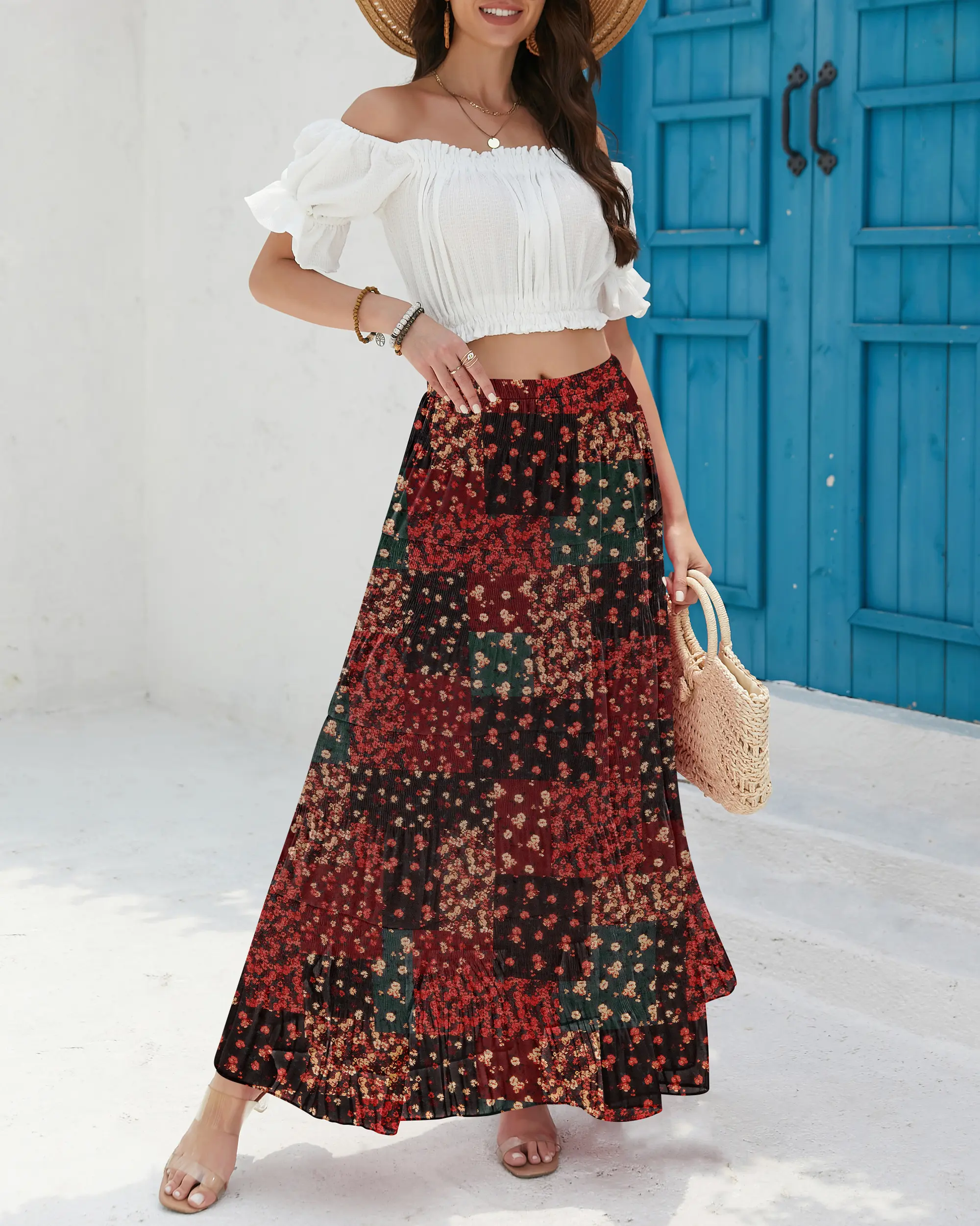 CYiNu summer outfits Women's High Waisted Floral Tiered Chiffon Maxi Skirt Boho Flowy A Line Long Skirt for Summer Casual Floral Maxi Skirt Style Plus Size Long Skirt Lightweight Petticoats Inspired Womenswear Bohemian