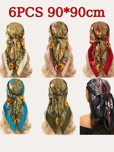 6-Piece Handkerchief Set, Leopard Print Satin Silk Scarf, 90x90cm, Boho Style, Luxury Designer Hijab, Women's Fashion Accessory, Paisley Print Scarf