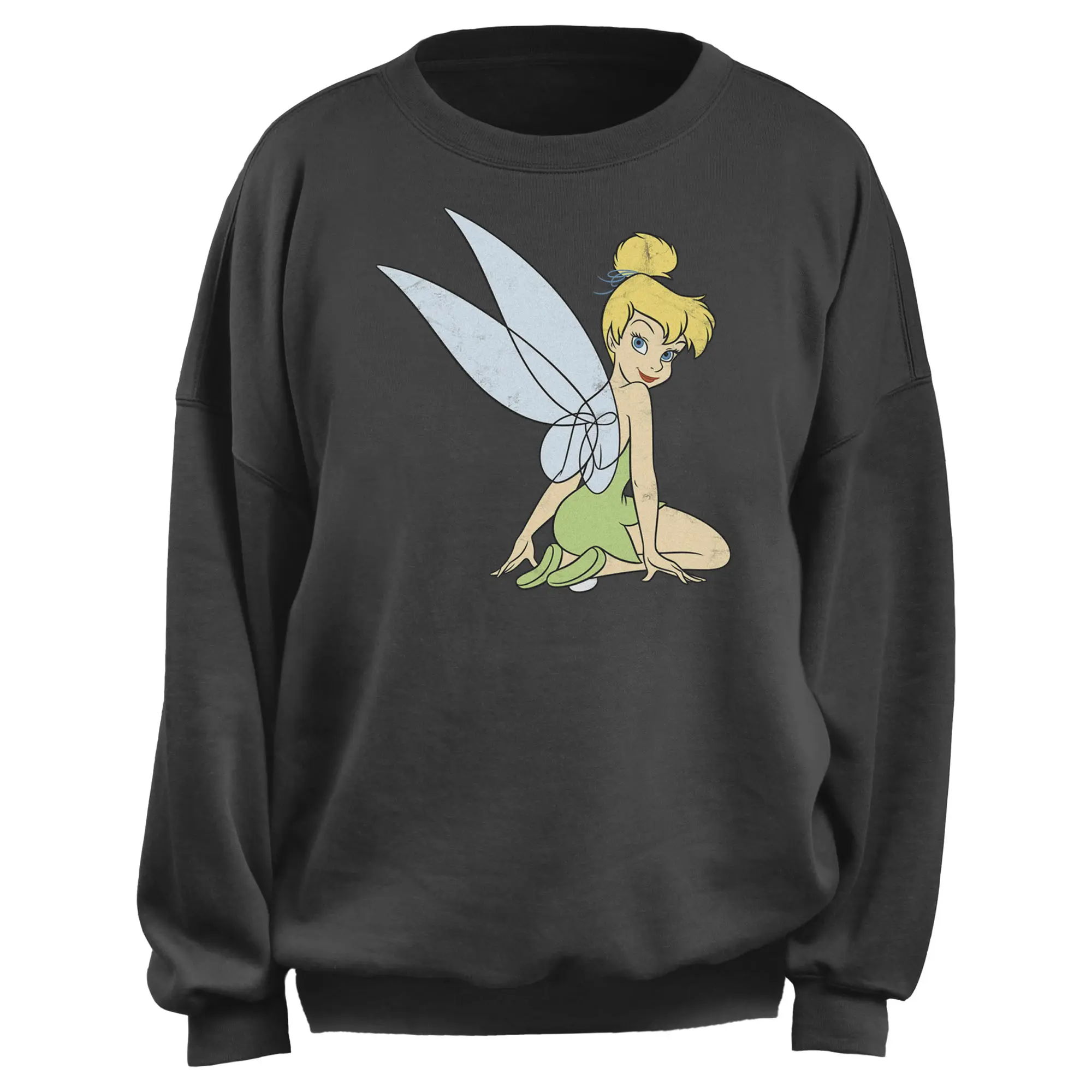 Junior's Peter Pan Tinker Bell Sitting Distressed Portrait Sweatshirt
