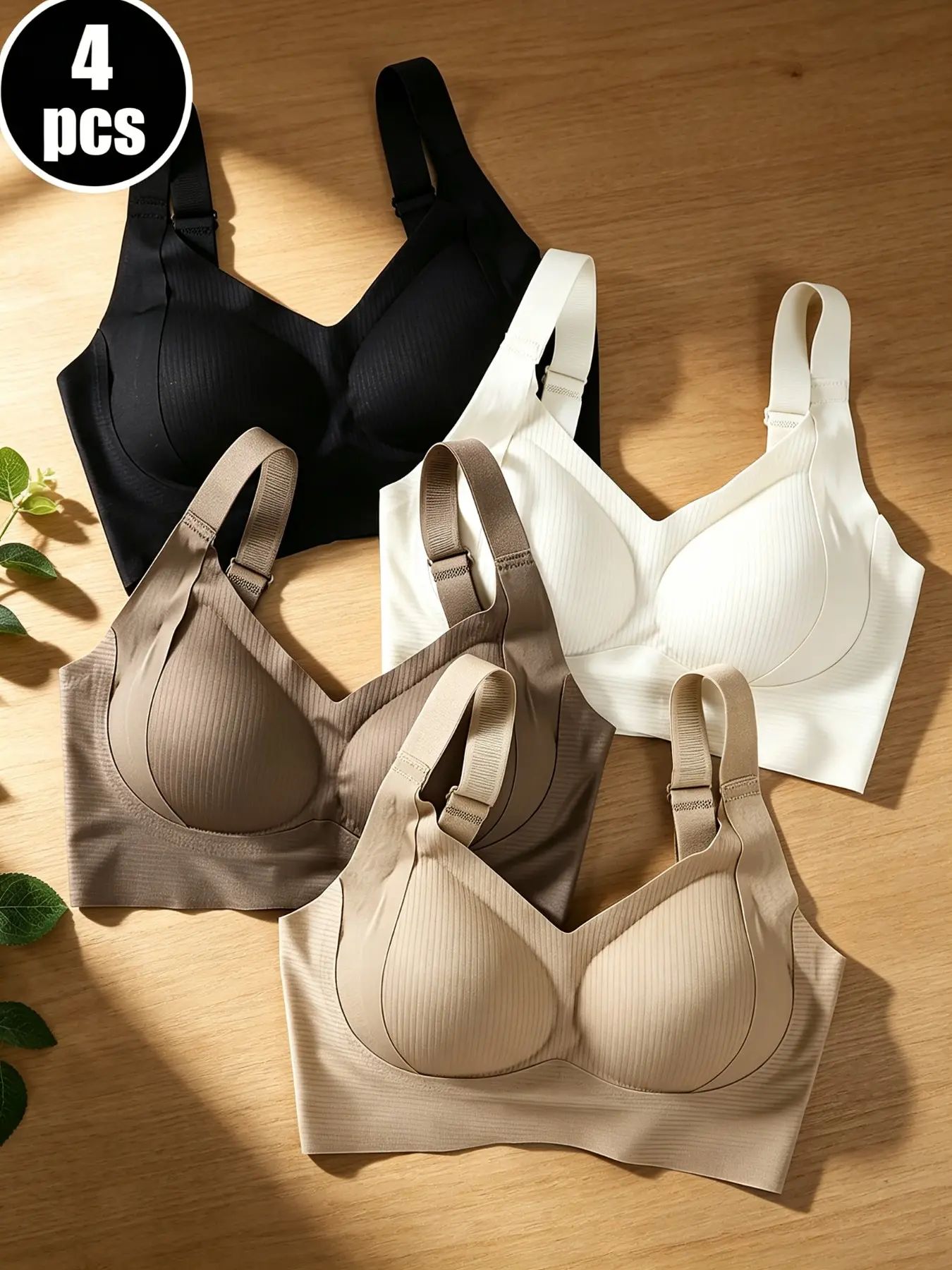 4-Pack Elegant Plain Wireless Bras for Women, Medium Support, Soft Padding, Wide Straps, Comfortable Lingerie, All Seasons