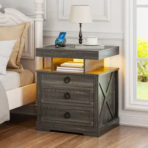 FREDEES Nightstand with Gun Drawers, LED Farmhouse Night Stand with Charging Station, Smart End Table with 3 Color Auto Light, Bedside tabel with Hidden Compartment for Bedroom Furniture