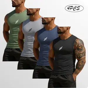 Men’s sleeveless 4-pack breathable mesh tank tops, available in multiple colors, summer fashion design, suitable for various sports and outdoor running, 95% polyester, 5% spandex, athletic tank tops,