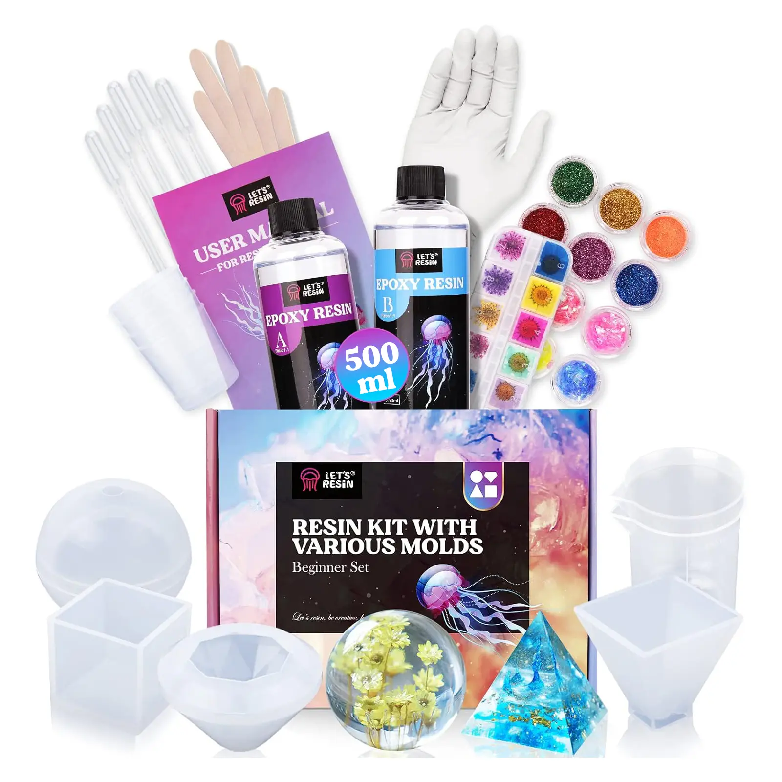 LET’S Resin 16OZ Resin Molds Silicone Kit Complete Set Bundle with Sphere, mothersdaygift, Pyramid Molds, Resin Epoxy Starter Kit & Coaster Molds Kit for Beginners, DIY Gift Crafts, Mica Powder, Molding Kit