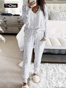 Women's Leopard Print Long Sleeve Top & Elastic Waist Butterfly Cuffed Pants, Soft Comfortable Knit Loungewear Pajamas Set for All Seasons, Casual Homewear for Women