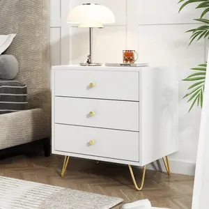 FUFU&GAGA White Nightstand Modern Bed Side Table End Table Set with 3 Drawers & Gold Metal Legs, for Bedroom Living Room Storage