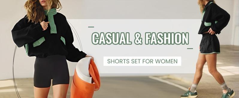 WoodBerry Women's Two Piece Workout Short Sets Summer Lounge Sweatsuits Long Sleeve Athletic Outfits Pullover Sweatshirt and Shorts Travel Tracksuit with Pockets