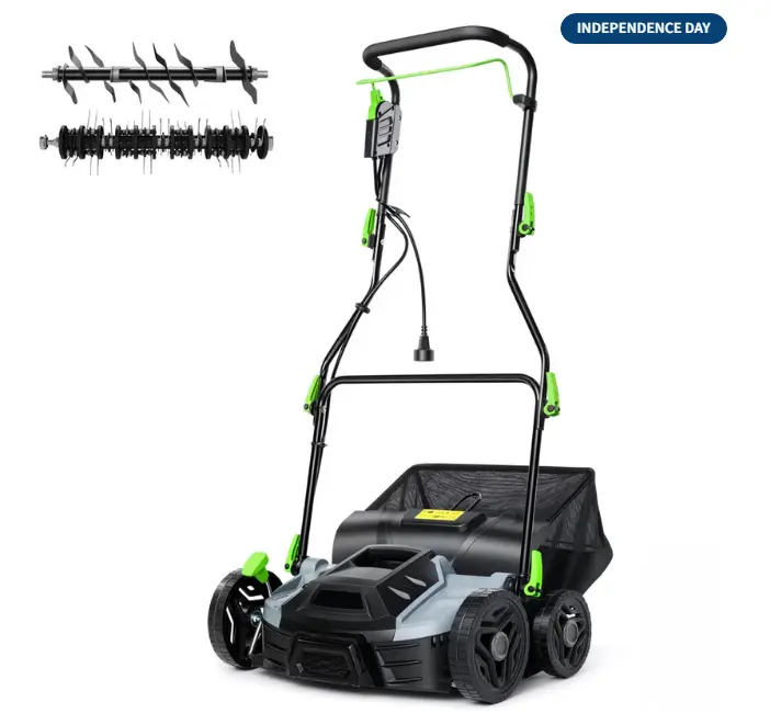 Electric Lawn Dethatcher & Scarifier 15.5 Amp, 14" 2-in-1 Corded Aerator with 5-Depth Settings & 14.5 Gal Bag for Yard Care