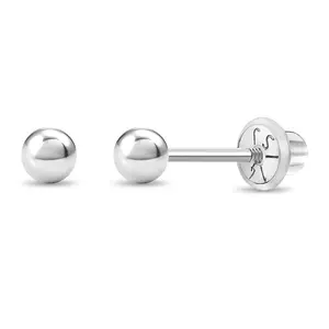 14k White Gold Classic Ball 3-4mm Baby / Toddler / Kids Earrings Safety Screw Back