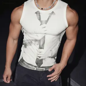 INCERUN Men's Custom-Fit Basic Shoulder Blue Sleeveless Printed Knitted Ribbed Vest - Mensfashion Casual Vests for Spring-Summer Basic Fabric Menswear Tops