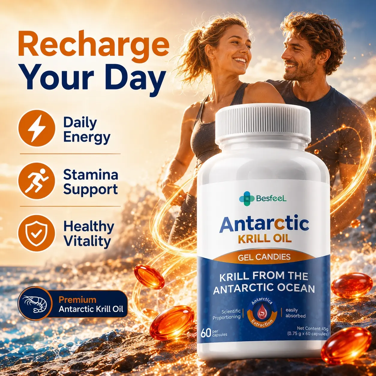 Multi-Action Sports Vitamin & Omega-3 Capsules (Natural Extracts) — 60 capsules per bottle. Nutritional supplement. Suitable for daily dietary supplementation.