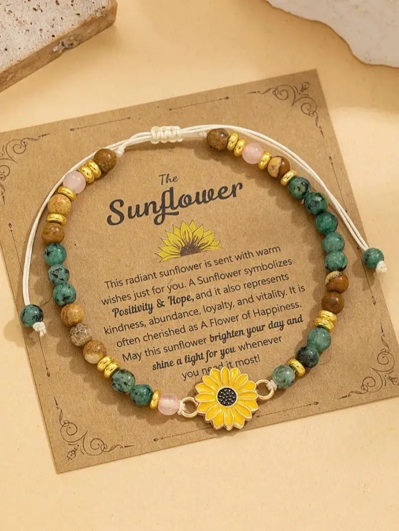 Women's Sunflower Bead Pendant Bracelet - Rose Quartz, African Turquoise, Durable Stainless Steel, Adjustable Gold & Brown - Sports Outdoor Hand Strengthener - Birthday Sympathy Gift, 1 Size, Daily Wear Turquoise Jewelry for Women (Positivity, Vitality),,