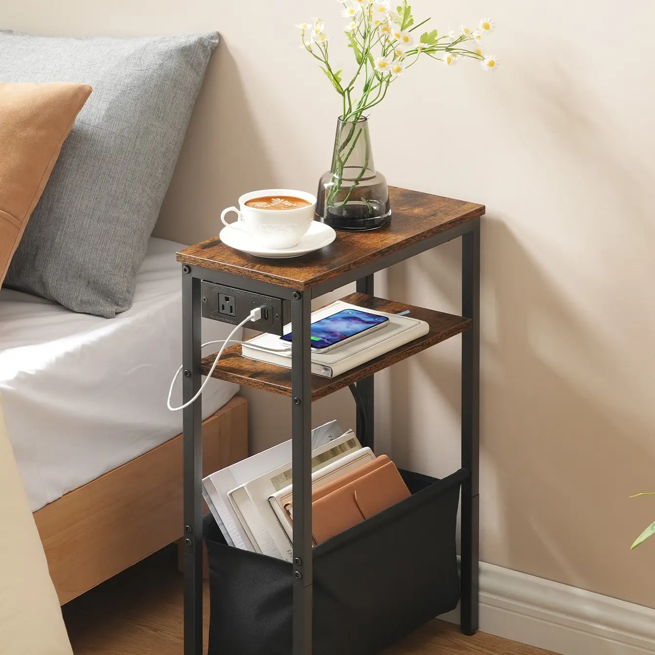 HOOBRO Narrow Side Table with Charging Station for Small Spaces, Extra Slim Nightstand with Storage, Skinny End Table, Thin End Table for Living Room, Rustic Brown and Black#springtok #SummerVibes