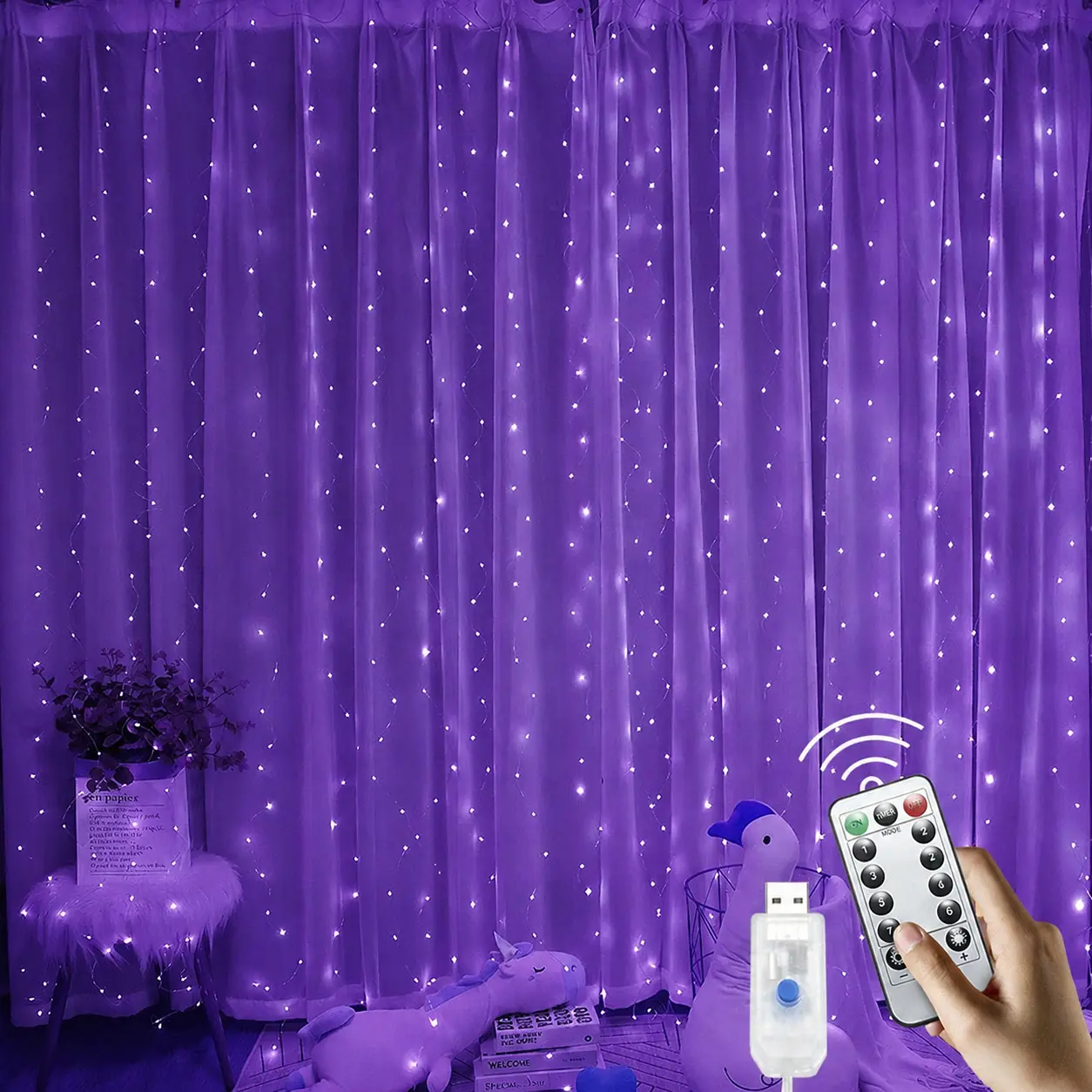 300 LED Purple Curtain Fairy Lights with Remote, 8 Modes 9.8 x 9.8 Ft USB Plug in Copper Wire Lights for Bedroom Window Chrismas Wedding Party romantic night