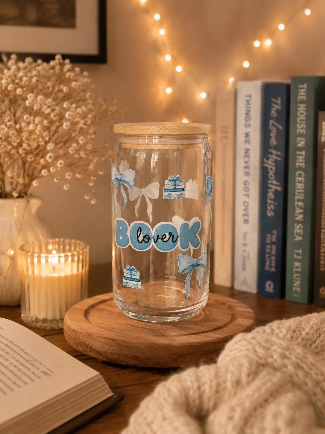 Handmade Book Lover Glass Can Cup | Blue Bow Iced Coffee Tumbler (16 oz)