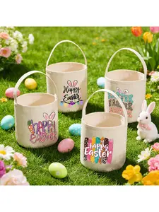Easter Bunny Tote Bucket | Reusable Egg Hunting Bag for family| Holiday Party Favor & Spring Decor Gift Basket | Happy Easter Design Gift Bags, Decoration