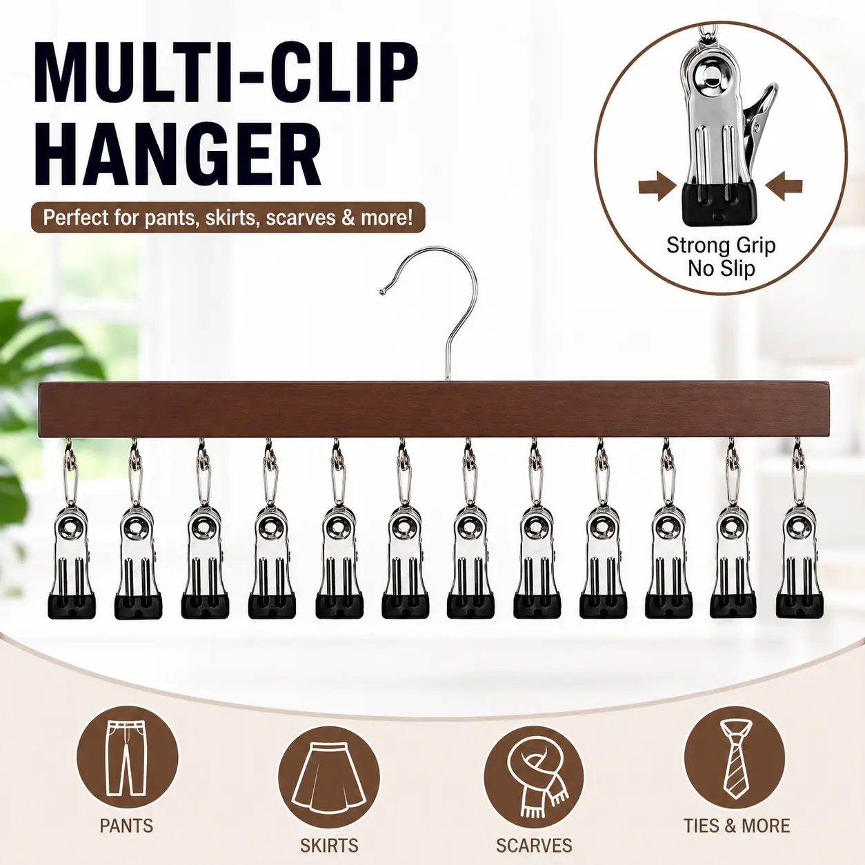 Durable Wooden Legging Hanger with 12 Anti-Slip Clips - Space-Saving Yoga Pants Organizer for Closet Storage, Lightweight Metal Hanging Home Supply，hanger, with, clip