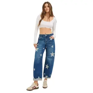 RISEN Mid Rise Ankle Length Relaxed Barrel Star Printed Jeans