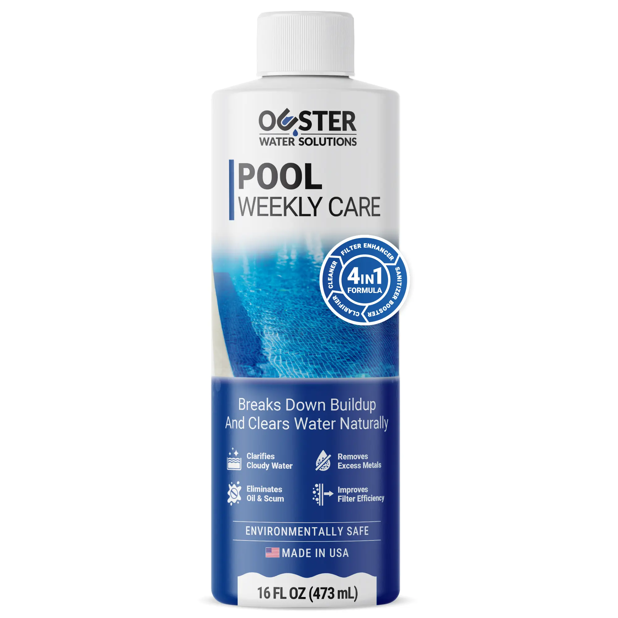 Ouster 4-in-1 Pool Weekly Pool Care - Clarifier for Crystal Clear Water - Removes Phosphates, Prevents Scum Lines, Clears Cloudy Water - Works with Chlorine & Saltwater Pools - Made in USA - 16 Fl Oz