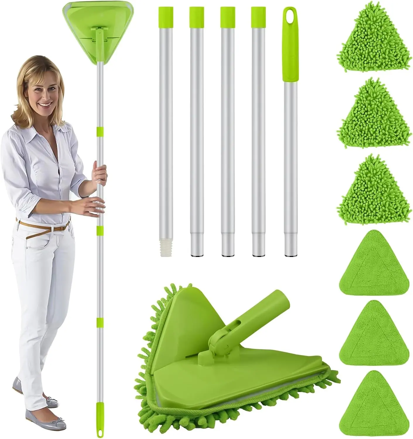 3-in-1 Rotatable Wall & Baseboard Cleaner Mop Tool - 82-in Long Handle, Easy Installation, Removable & Washable Reusable Microfiber Chenille Pads (6 Replacements) for Painted Walls, Windows