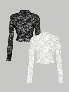 Trendy two-piece women's lace see-through long-sleeved black and white top Blouse, perfect for parties, elegant, gothic, and fashionable styles.