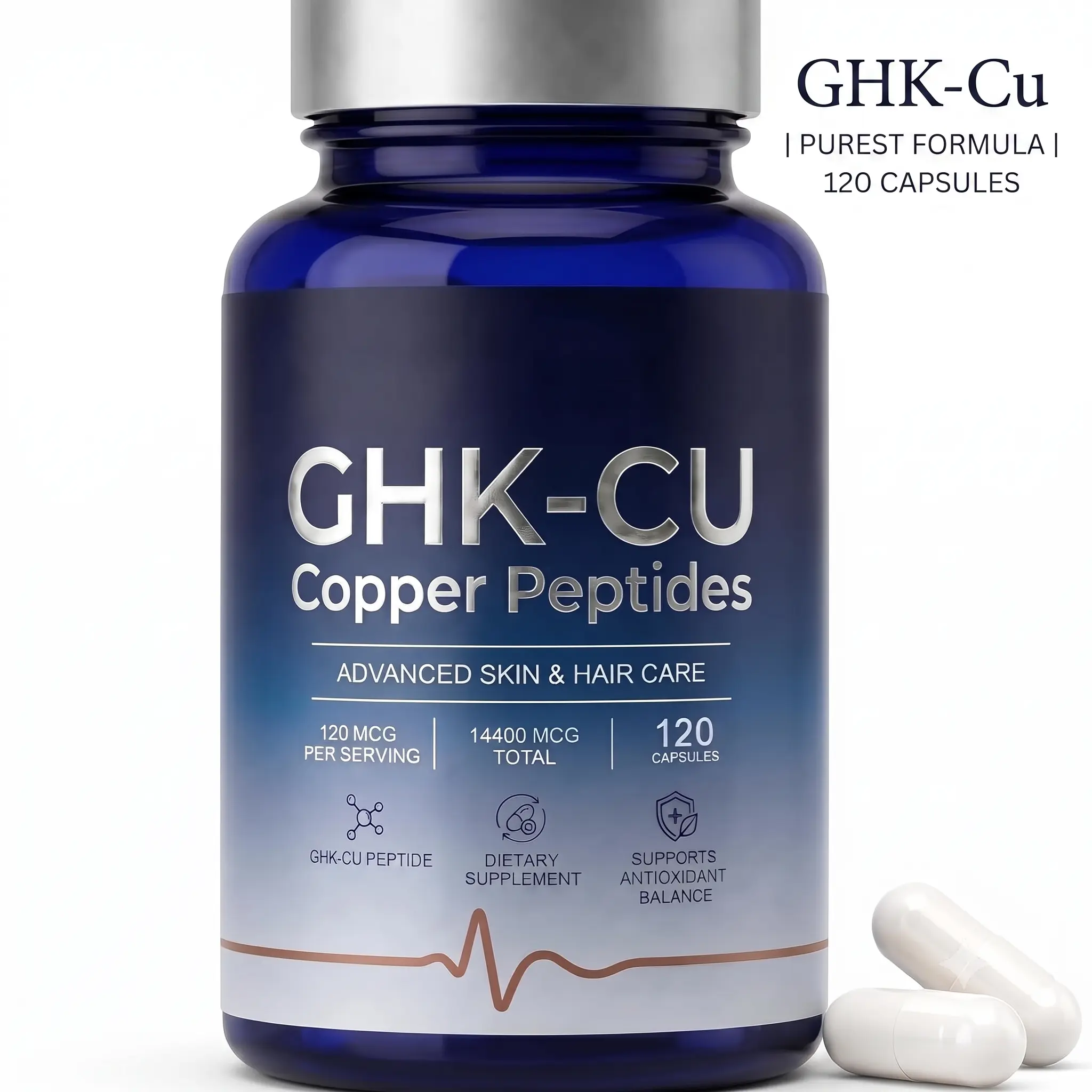 GHK-Cu Copper Peptide Healthcare Supplement, 120mcg High Purity Vegan Capsules for Adults - Youth Support, Collagen Boost, Skin Elasticity & Repair, 12-Month Supply, Non-GMO