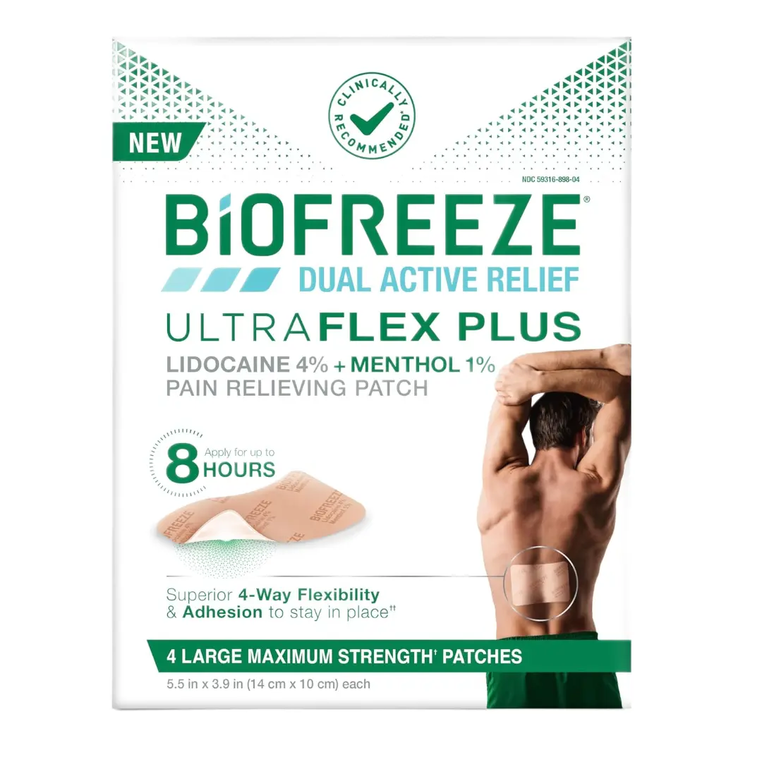 Biofreeze Ultraflex Plus Maximum Strength 4% Lidocaine Patches with Menthol, Flexible Pain Relief Patch for Lower Back, Lidocaine Patch for Neck, Knee, Shoulder, 4 Large Pain Patches