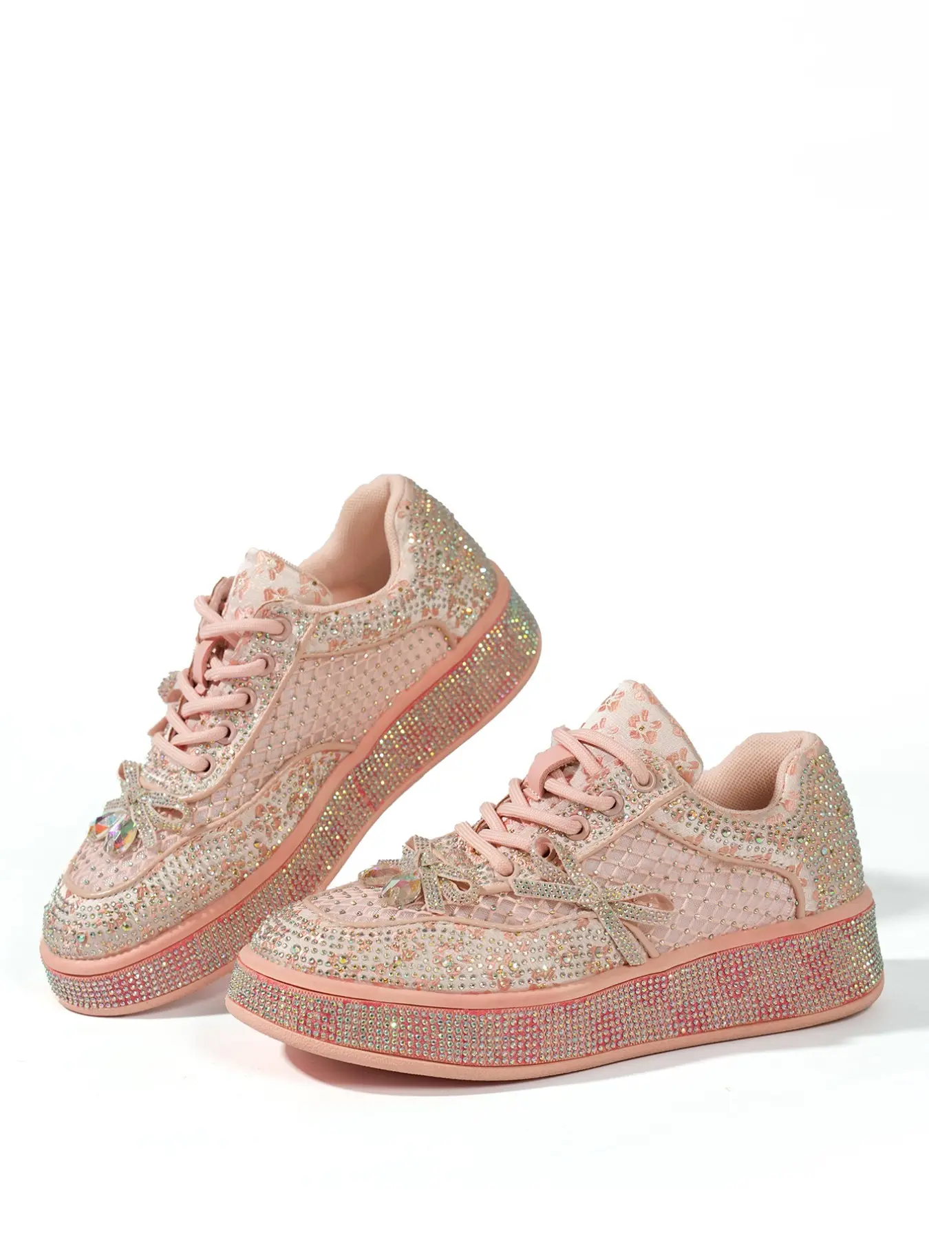 Mesh Butterfly Shoes, Rhinestone Design, Thick Sole, Round Toe, Wide Fit, All-Season Casual Fashion Trainer Sneakers for Women