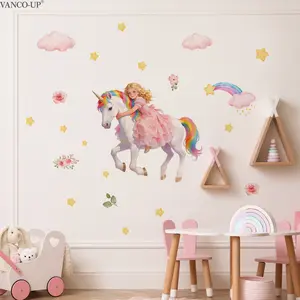 Set of 2Pcs 30×60cm Dreamy Unicorn Princess with Rainbow Stars Clouds Wall Stickers for Living Room Kids Room Home Decor