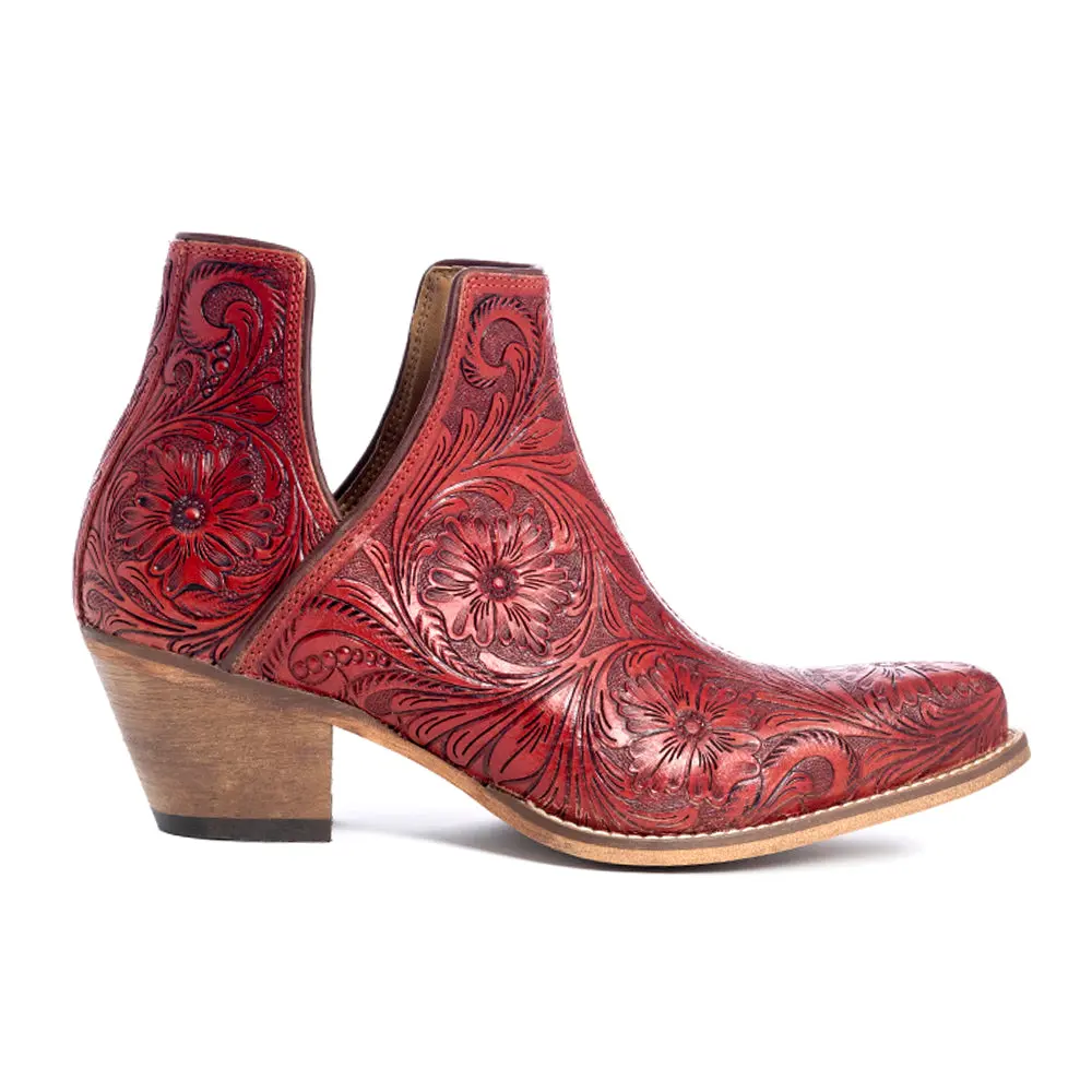 Women's Hand-Tooled Leather Ankle Boots, Western Cowgirl Style with Snip Toe & Side Slit, Pull On with Rubber Sole