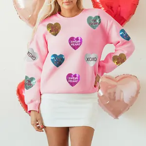 Asvivid Tops for Women Pink Sequin Romantic Letters Heart Graphic Valentines Day Sweatshirt Pullover Tops Womenswear