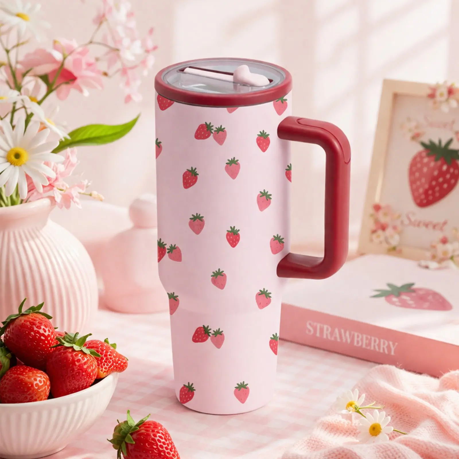 Cute Strawberry Shape Travel Mug, 40oz Stainless Steel Cup with Lid and Straw, Insulated Travel Tumbler for Ice Coffee, Water, Tea, Perfect Gift for Women, Drinkware