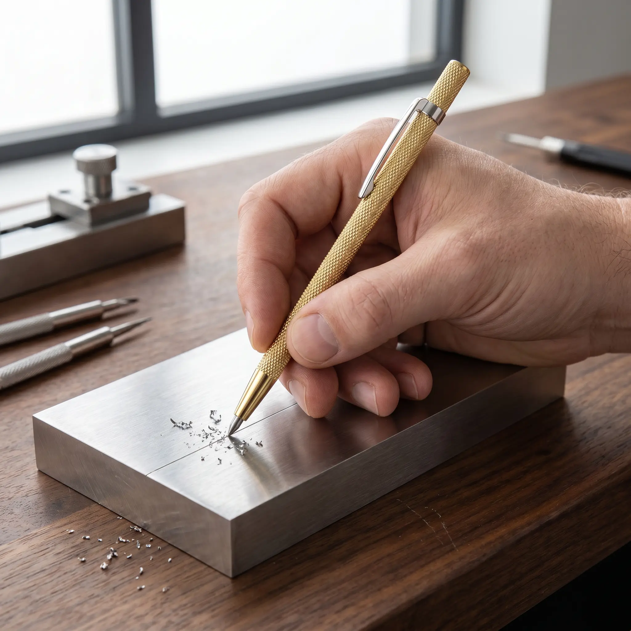 14cm Golden Metal Scribe Pen with Anti-Slip Grid Handle, Hard Alloy Tip Marking Tool for Tile Glass Stone Metal Cutting Marking