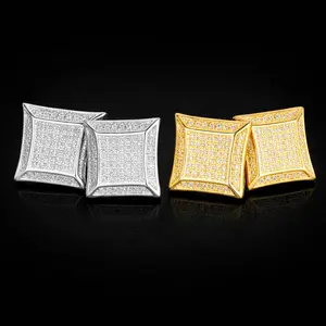 15MM Big Square Men Stud Earring Gold Color Full Cubic Zircon Screw Back Earrings Hip Hop Jewelry for Women