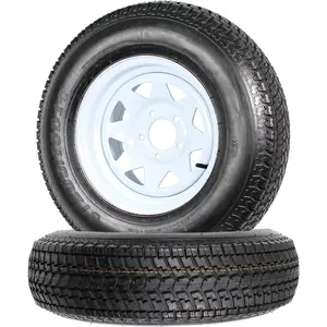 Deep tread 6-layer diagonal trailer tire with wheel rims - a set of 2 ST205/75D14-5 white spoke wheels with protruding ears - suitable for multi-purpose, freight, boat, camper, farm, and landscape trailers with load range C