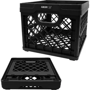 Grip Folding Stackable Storage Bin, Blk, 6 Gallon - Dimensions: 13" x 13" x 11" - Milk Crate - Capacity: 50 lbs - Heavy Duty Plastic - Collapsible Crate for Sporting Goods, Toys, Pool Toys, Files