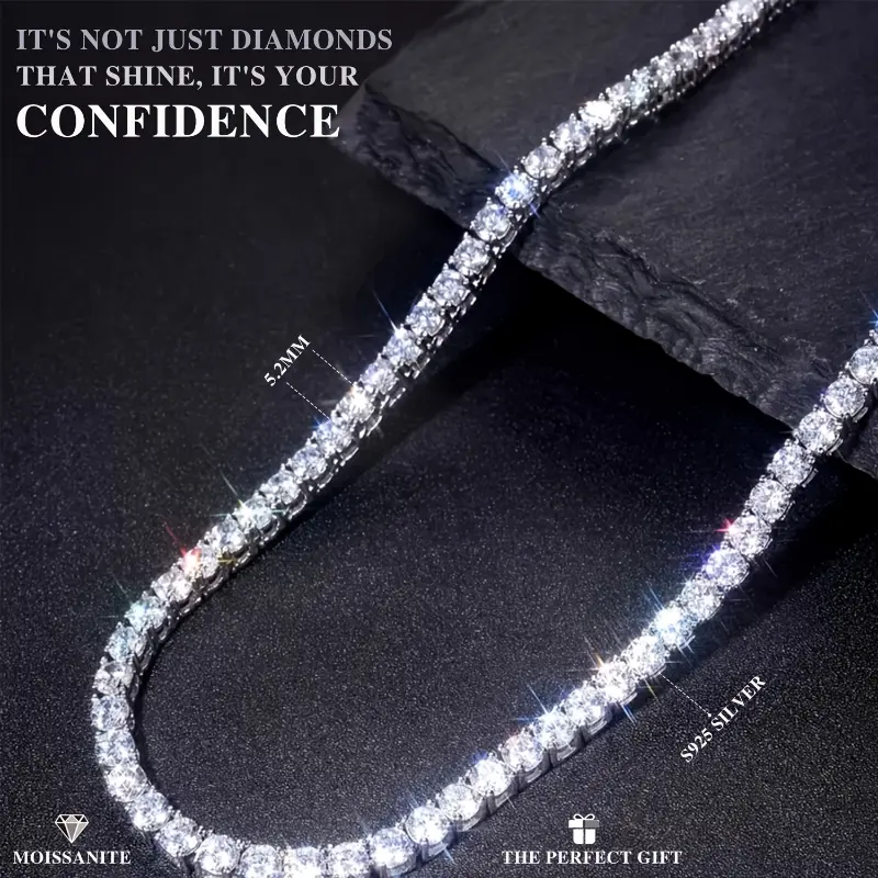 Moissanite Tennis Necklace - S925 Silvery Tennis Necklace - 21.2ct - Set with sparkling Moissanite, 5.2mm wide, suitable for all occasions, suitable for, wives, girlfriends, mothers, daughters, in a beautiful gift box, Special Occasion Jewe