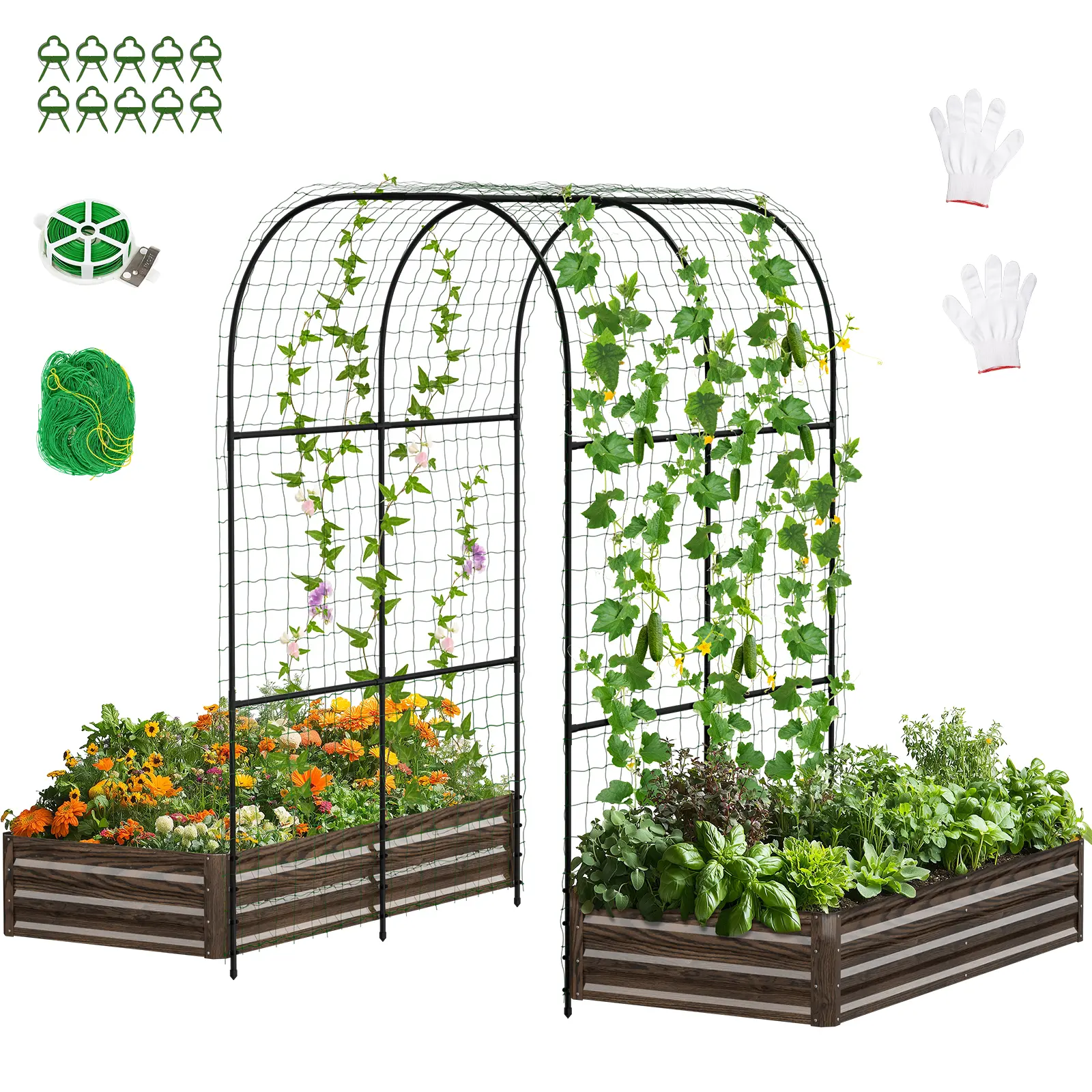 Lilypelle Raised Garden Bed with Tall Arch Trellis，Wind resistant and Durable，3 in 1 Metal Raised Garden Bed for Climbing Plants，Galvanized Planter Box Outdoor for Gardening, Vegetables, Flower