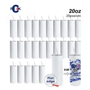FECBK 25-Pack 20oz Skinny Tumbler with Flat Edge & Straw | 304 Food-Grade Stainless Steel Sublimation Blank Cup for Custom Iced Coffee, Juice & Sparkling Water | Large Capacity Party Drinkware Set