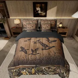 Feelyou 7-Piece Mallard Duck Motif Bed Set - Queen Hunting Fishing Theme Comforter with Decorative Bedsheet Sets, Machine Washable Cabin Farmhouse Bed-in-A-Bag for Teens, Vintage Leaves, Bed Sets