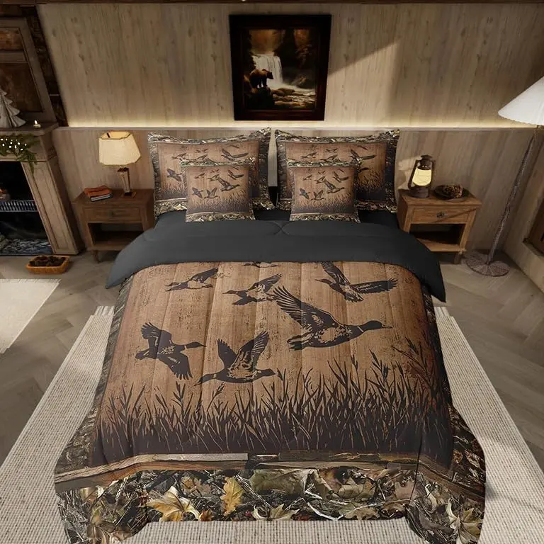 Feelyou 7-Piece Mallard Duck Motif Bed Set - Queen Hunting Fishing Theme Comforter with Decorative Bedsheet Sets, Machine Washable Cabin Farmhouse Bed-in-A-Bag for Teens, Vintage Leaves, Bed Sets