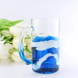 Hand painted ocean style beer mug with handle, 16 ounce Drinkware Glass Thick Cup Tumblers Bottles