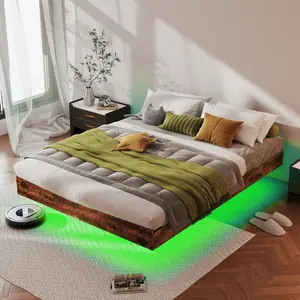 King Size Floating Bed Frame with LED Lights, Heavy Duty Metal Platform Bed with Slats, No Box Spring Needed- Brown