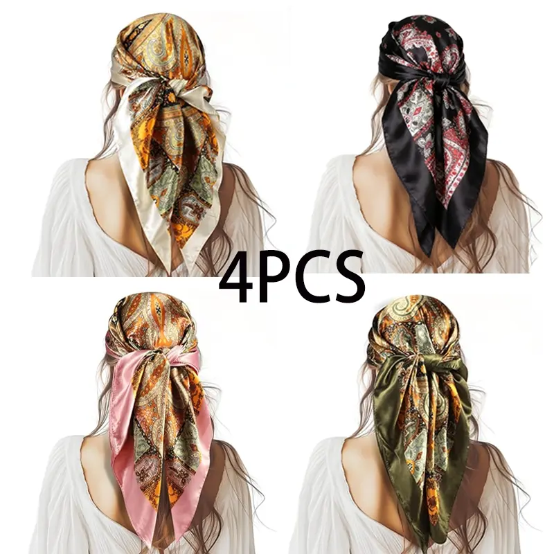 2/4 PCS Women's headscarf, Fashion Headscarf, Vintage Paisley Pattern Design Scarf Set - Multi-color Hair Bands | Multi-functional Square Scarves, can be used as hair accessories and clothing accessories, multiple styles available, Paisley Print Scarf