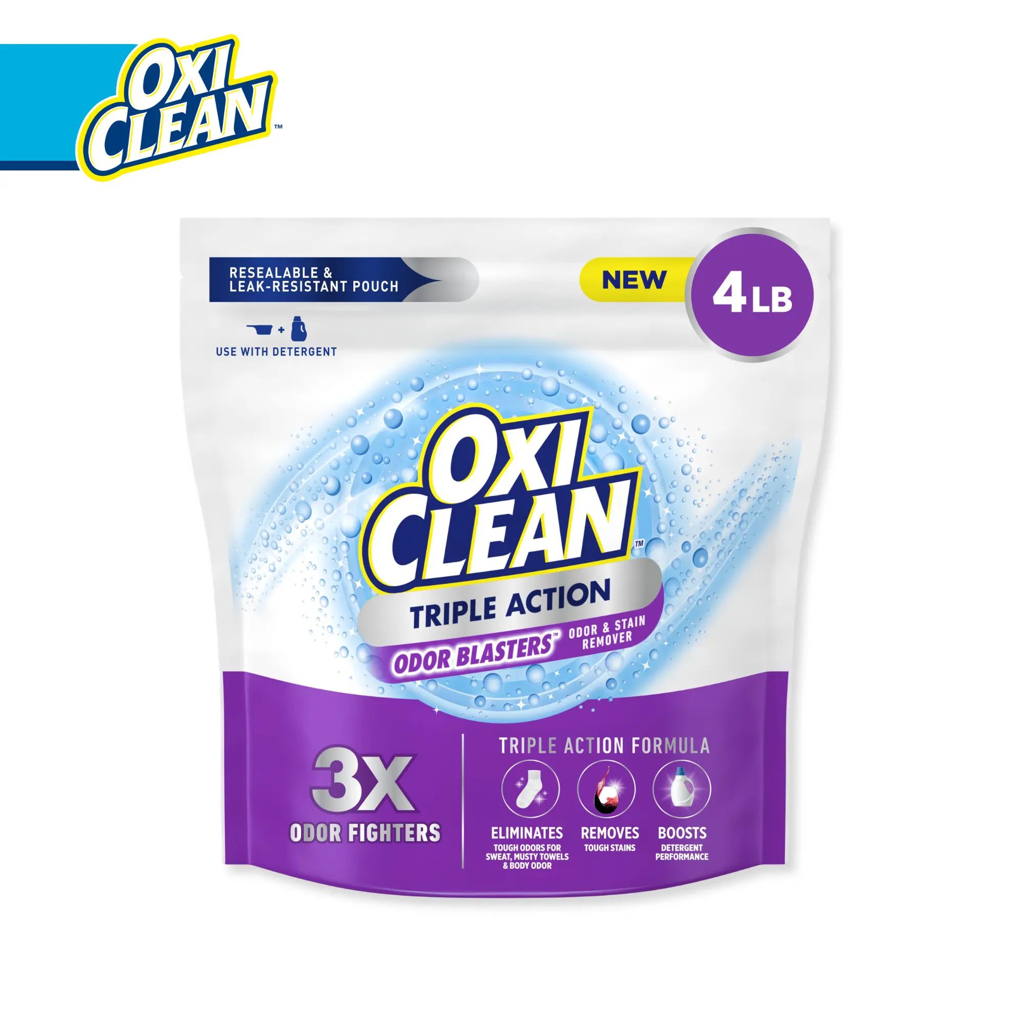 OxiClean Triple Action Odor Blasters Odor and Stain Remover Powder, To Use with Detergent, 4 lbs
