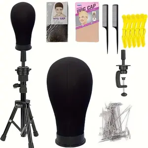 22" Wig Tripod set Canvas Cork Mannequin Head for Wig Making Drying Styling & Display, Table C Clamp Stand Holder with Black Rubber Circle & Gold Symbol, High-Density Canvas Inside Hair Replacement Wig Model style