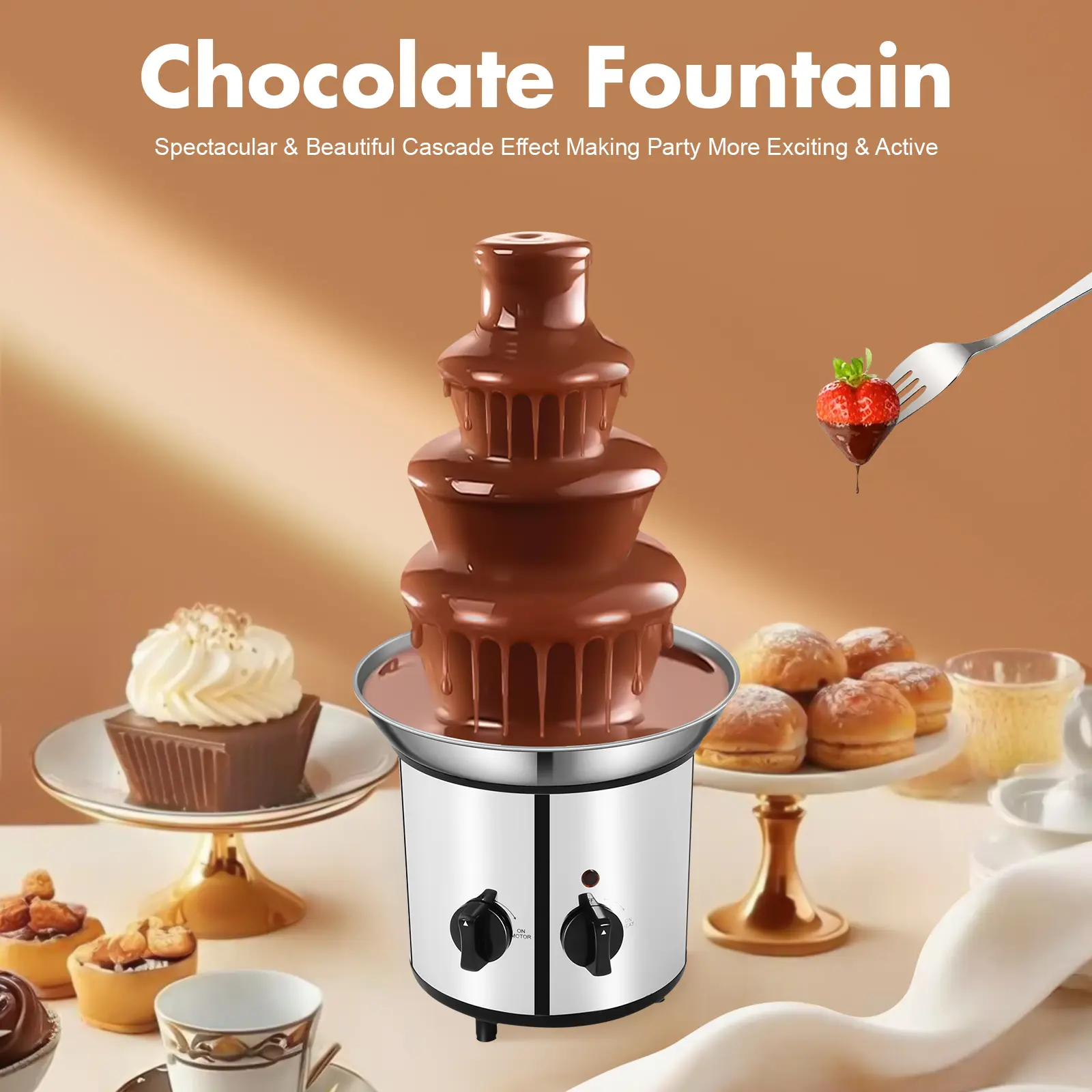 Stainless Steel 4-Tier Chocolate Fountain, 170W Even Heating Specialty Kitchen Appliance, Silky Smooth Chocolate Flow, Independent Motor & Heat Control, Anti-Slip Supports, for Birthdays, Business Events, Independent Motor And Heat Control