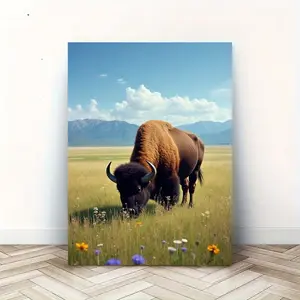 A Wooden Frame Canvas Painting - Magnificent Bison Grazing on a Floral Grassland, Suitable for Living Room, Bedroom, Kitchen, or Office Wall Art, Perfect Gift for Her or Him, Indoor Wall Decoration, Living Room Art| The solemn landscape painting| Durable