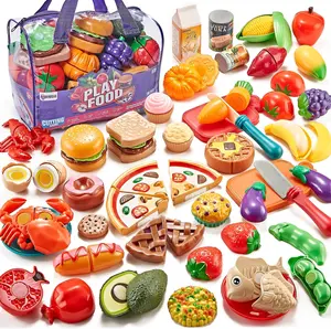 Pretend Play Food for Kids Kitchen - 78Pc Cutting Toy Food with Storage Bag, Food Toys with Veggies, Fruits, Fake Food with Pizza Toy, Pretend Food, Play Kitchen Accessories, Boys Girls Gift