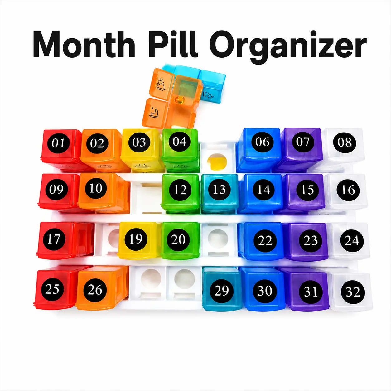 Month Pill Organizer , Twice Daily Use,1 Set 30 Day Pill Box Organizer with 32 Removable Compartments, Includes Number and Date Stickers,Pill Box for Fish Oil, Vitamins, Supplements, Medication