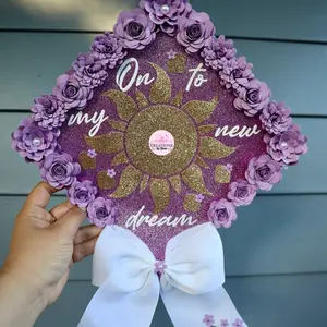 Purple Grad Cap Topper with Floral Design and "On to my new dream" Text - Decorative Graduation Accessory